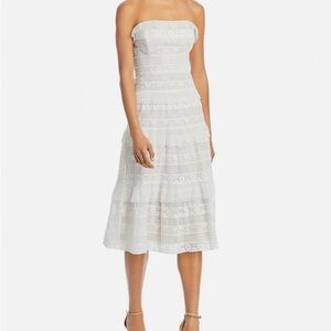 BCBGMAXAZRIA Women’s White Lace Strapless Midi Dress